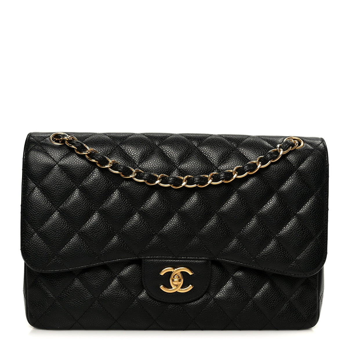 Quilted Caviar Flap Shoulder Bag - Black