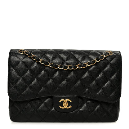 Quilted Caviar Flap Shoulder Bag - Black