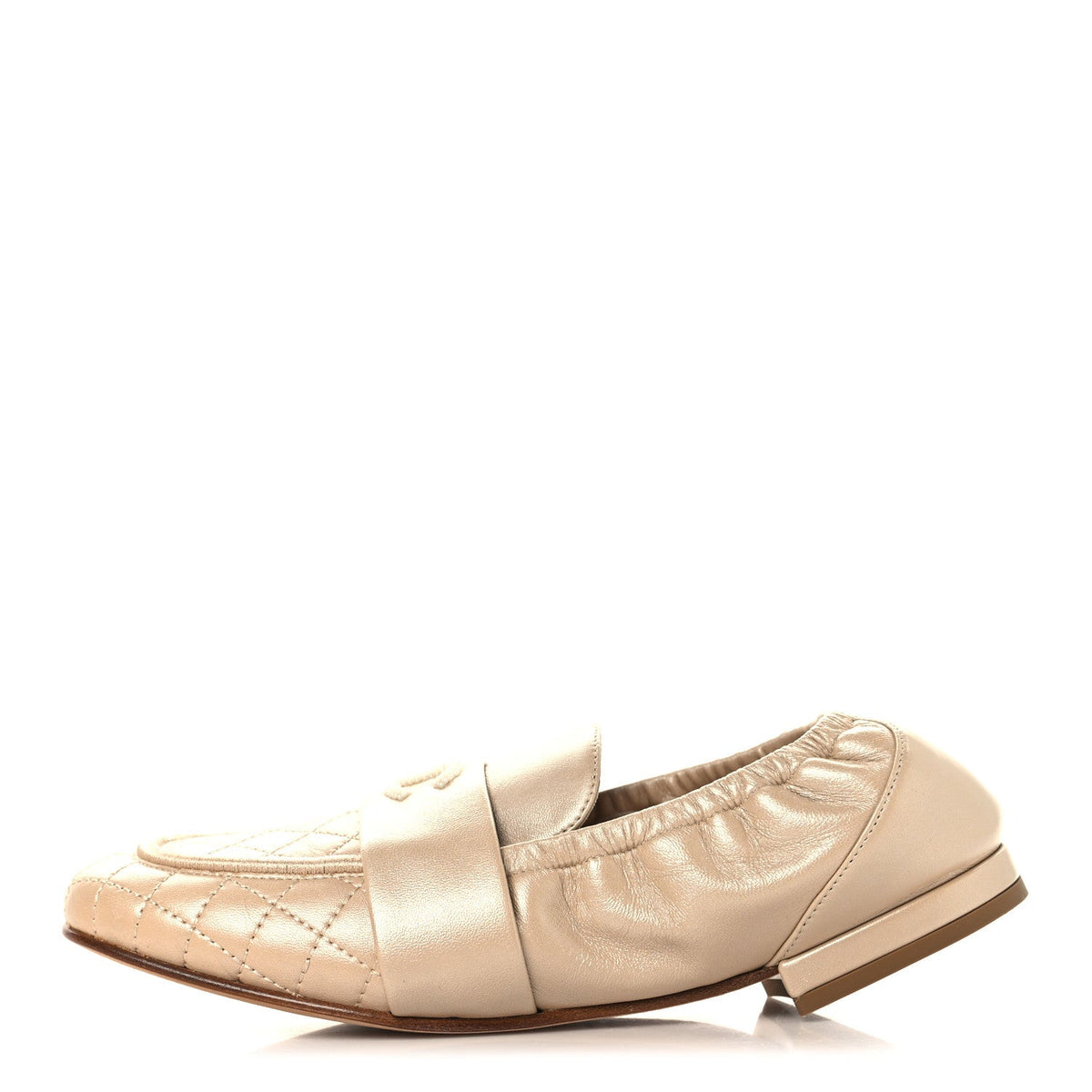 Laminated Lambskin Quilted Elastic CC Moccasin Loafers Beige