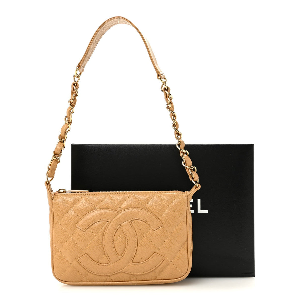 Quilted Caviar Shoulder Bag - Beige