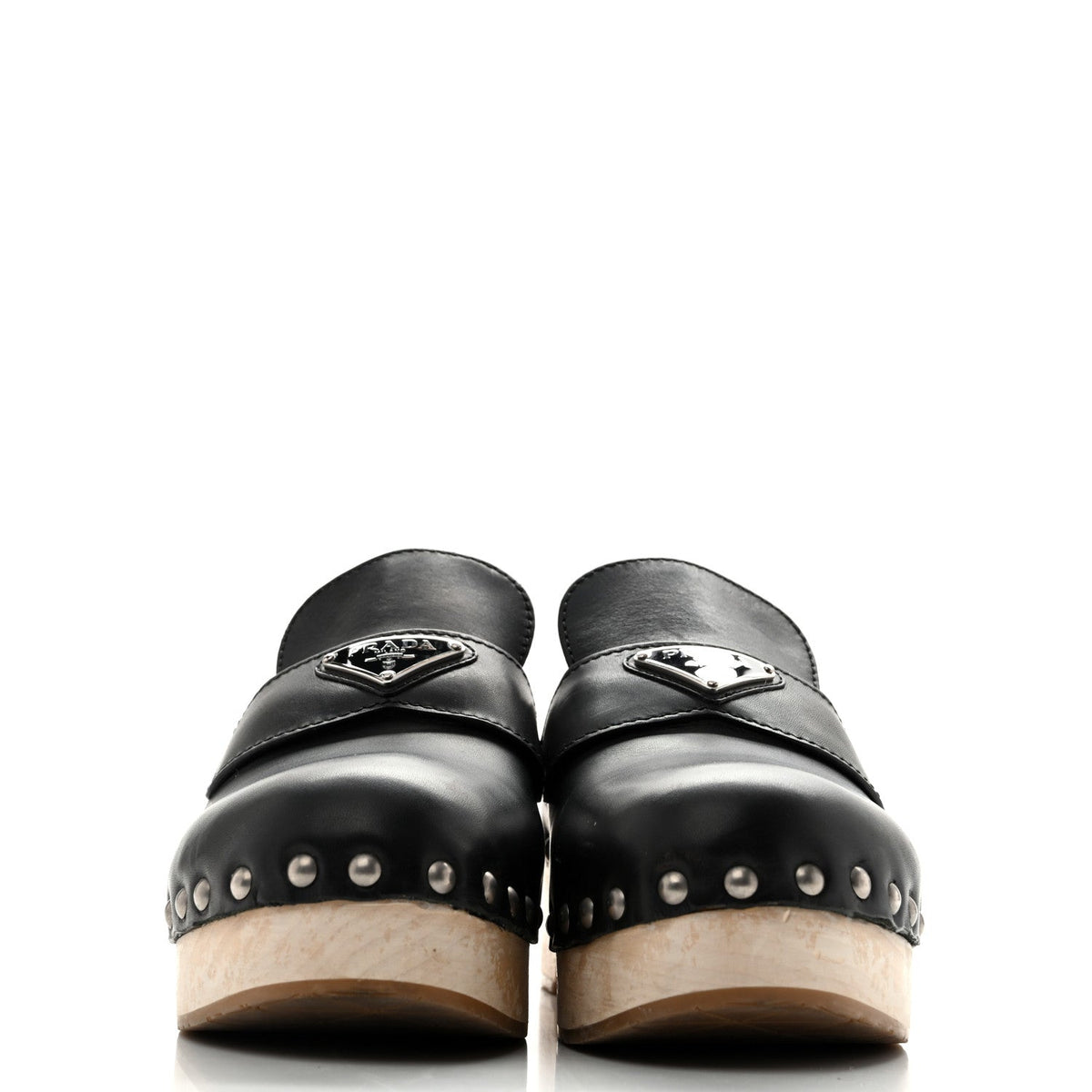 Prada Calfskin Women's Metal Triangle Logo 45mm Clogs 40 Black
