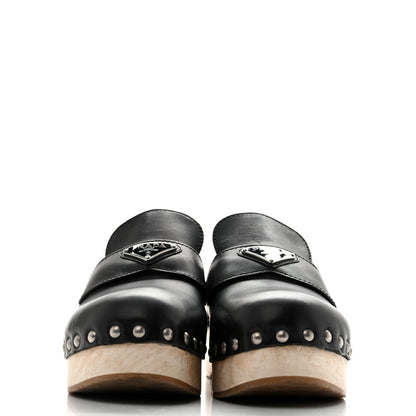 Prada Calfskin Women's Metal Triangle Logo 45mm Clogs 40 Black