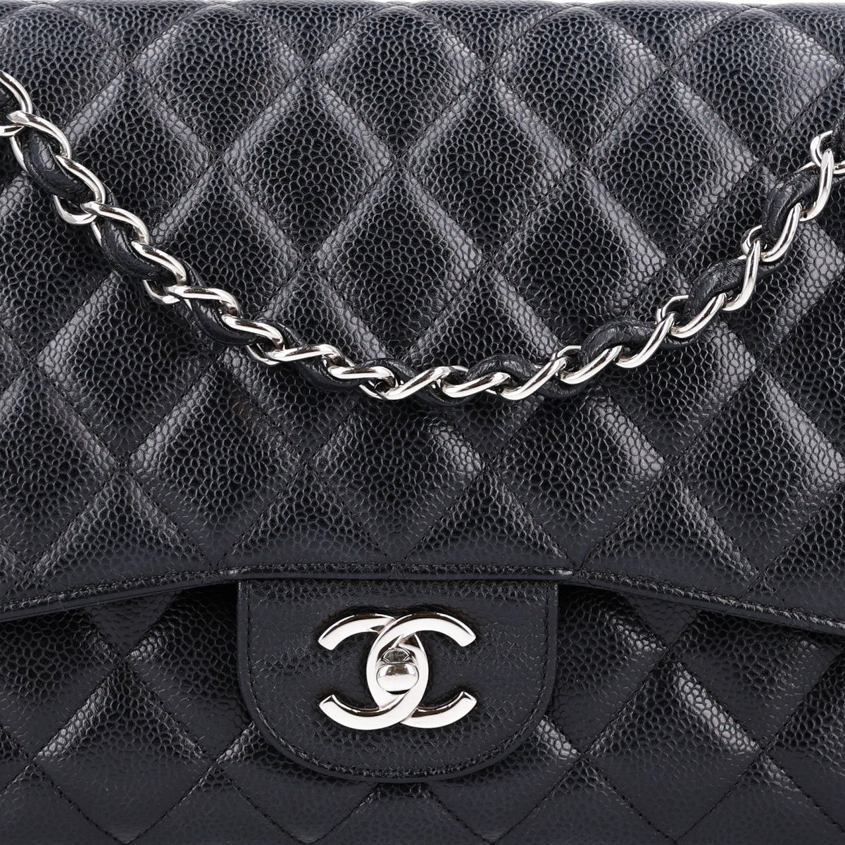 Quilted Caviar Flap Shoulder Bag - Black