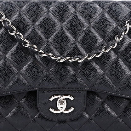 Quilted Caviar Flap Shoulder Bag - Black