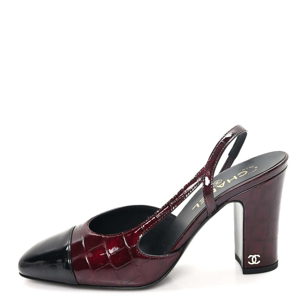 Crocodile Embossed Patent Grosgrain Cap Toe CC Slingback Pumps Dark Bu