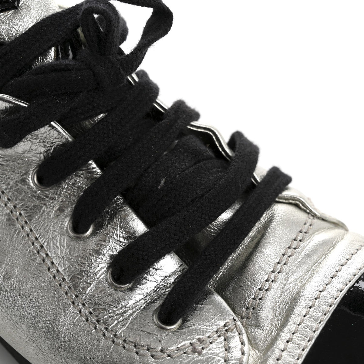 Chanel Metallic Lambskin Patent Women's Cap Toe CC Sneakers 38.5 Silver Black