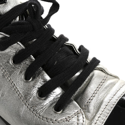Chanel Metallic Lambskin Patent Women's Cap Toe CC Sneakers 38.5 Silver Black
