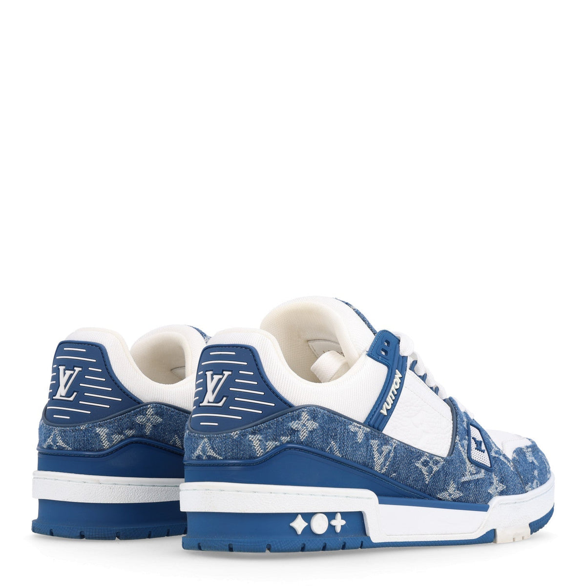 Louis Vuitton Calfskin Embossed Monogram Denim Women's LV Trainer Sneakers 40 Blue