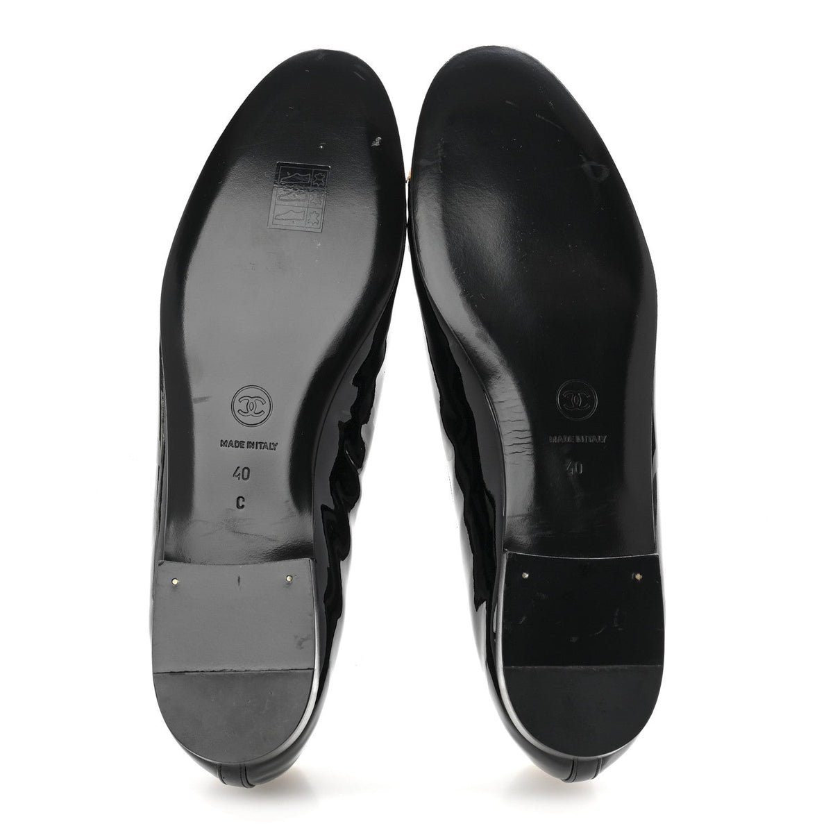 Chanel Patent Leather Women's CC Cap Toe Ballerina Flats 40 Black Beige
