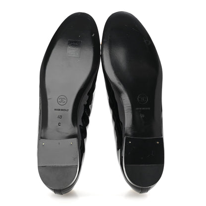 Chanel Patent Leather Women's CC Cap Toe Ballerina Flats 40 Black Beige