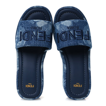 Fendi Denim Women's Sea Garden Logo Sunshine Flatform Slide Sandals 37 Blue