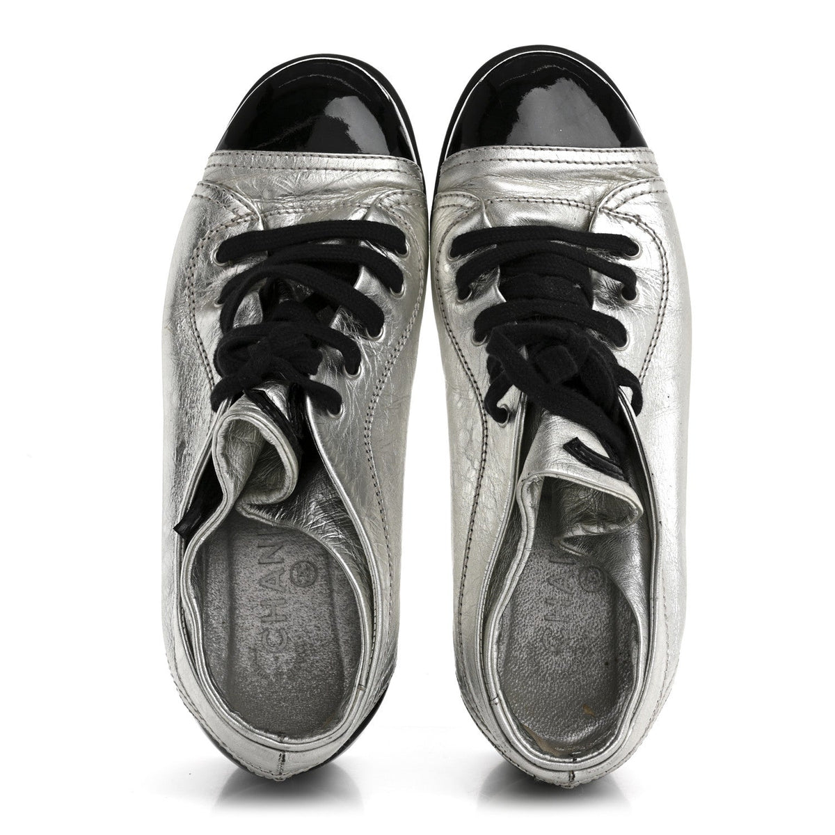 Chanel Metallic Lambskin Patent Women's Cap Toe CC Sneakers 38.5 Silver Black