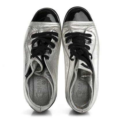 Chanel Metallic Lambskin Patent Women's Cap Toe CC Sneakers 38.5 Silver Black