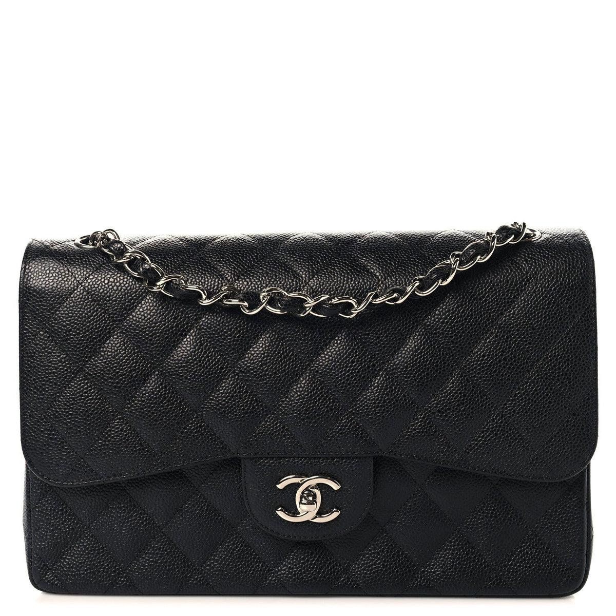 Quilted Caviar Flap Shoulder Bag - Black
