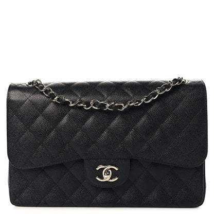 Quilted Caviar Flap Shoulder Bag - Black