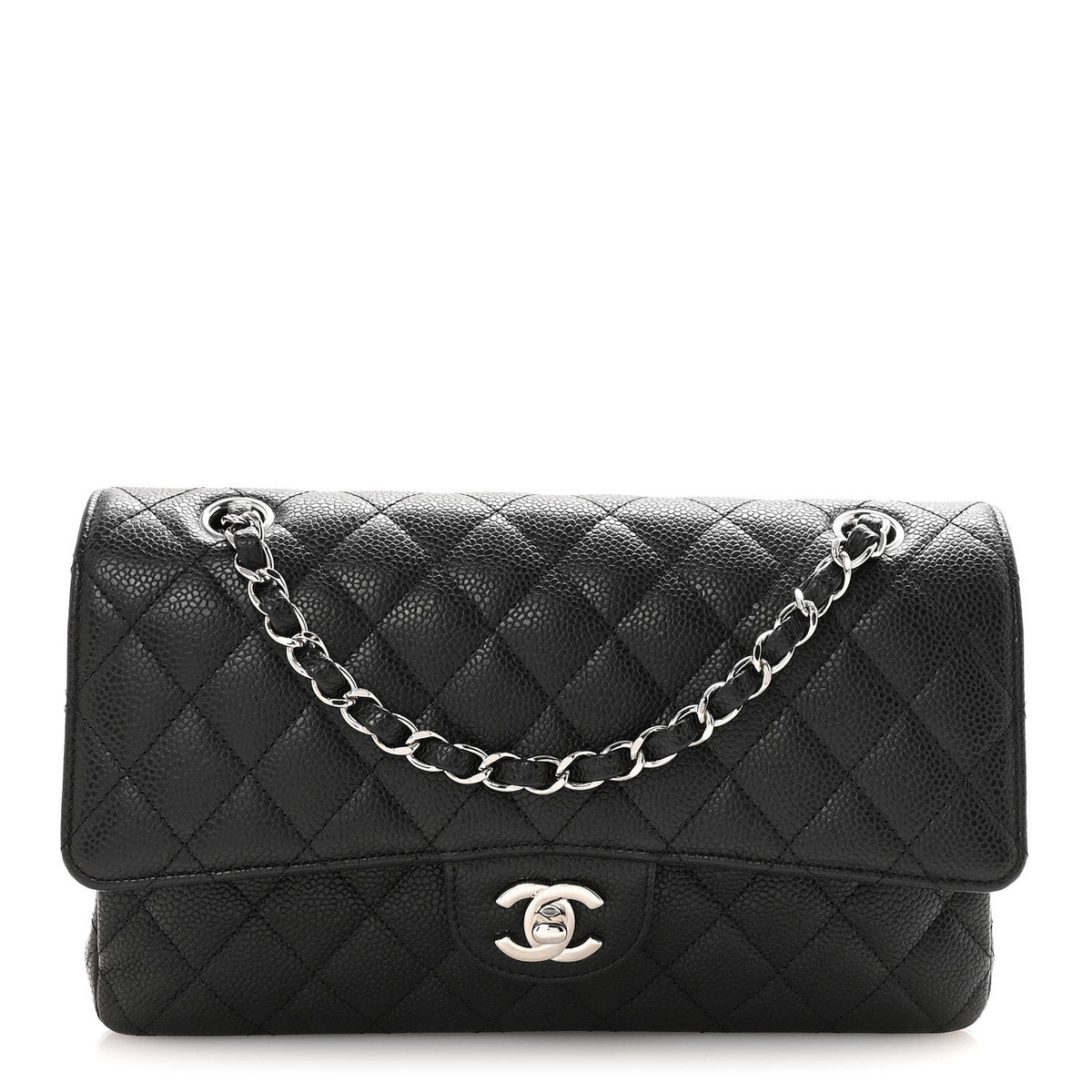 Medium Quilted Caviar Flap Shoulder Bag - Black