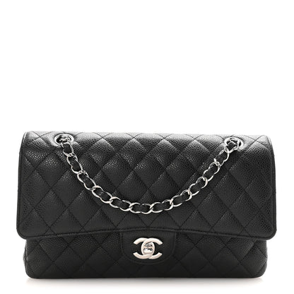 Medium Quilted Caviar Flap Shoulder Bag - Black