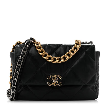 Large Quilted Goatskin Flap Shoulder Bag - Black