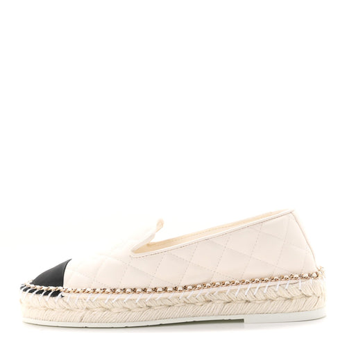 Shiny Lambskin Quilted Grosgrain Cap Toe CC Chain Espadrilles White Bl
