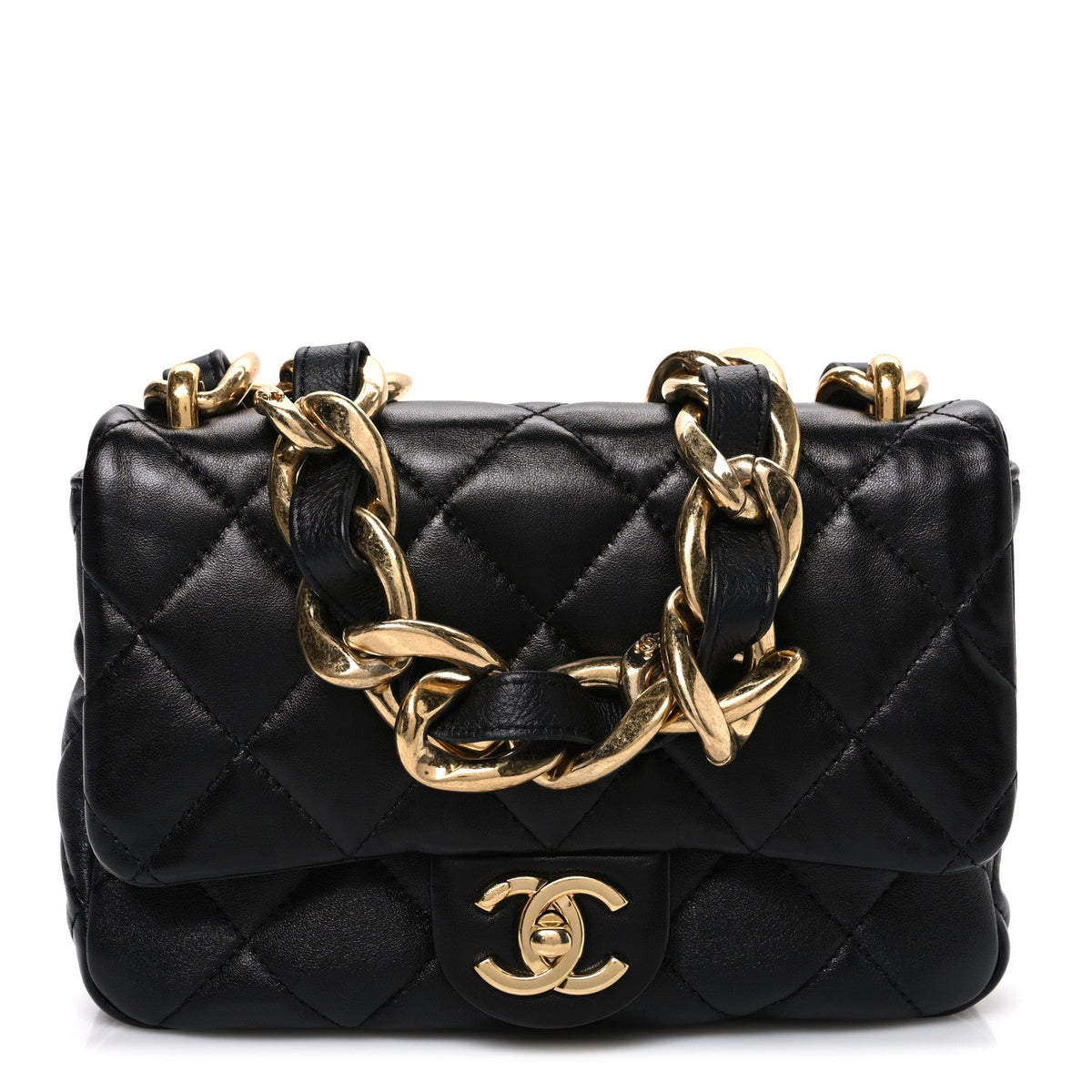 Small Quilted Lambskin Flap Shoulder Bag - Black