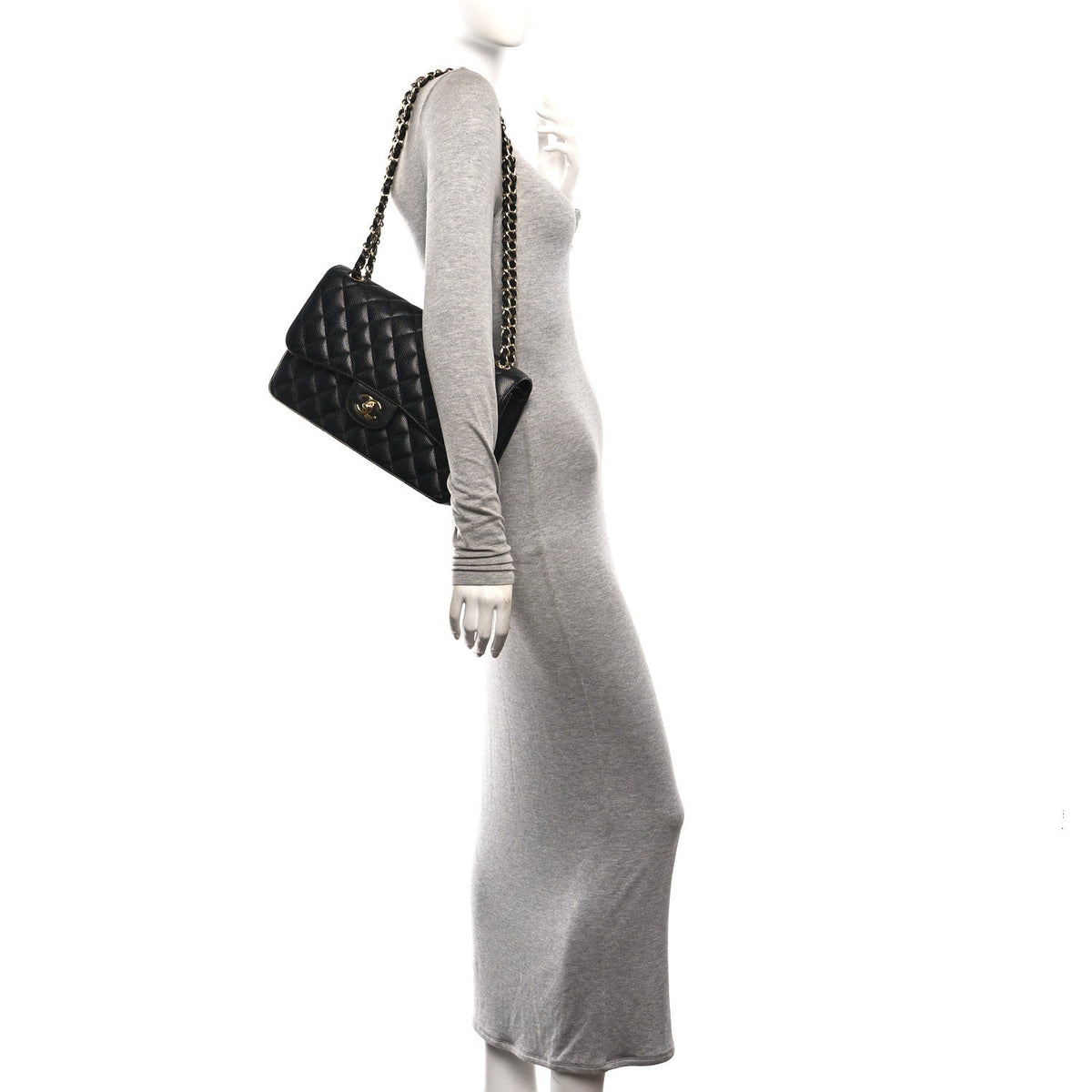 Quilted Caviar Flap Shoulder Bag - Black