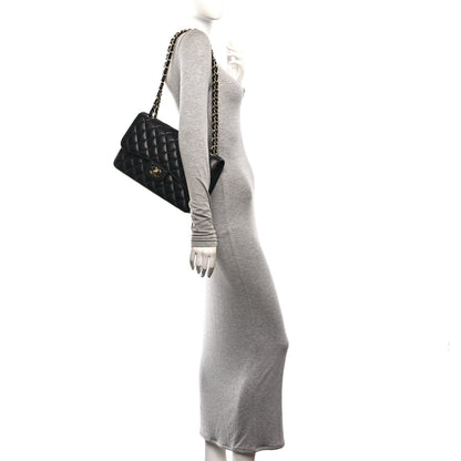 Quilted Caviar Flap Shoulder Bag - Black