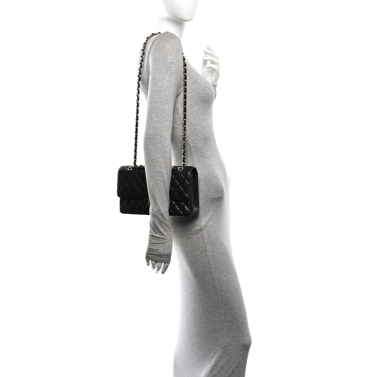 Medium Quilted Caviar Flap Shoulder Bag - Black