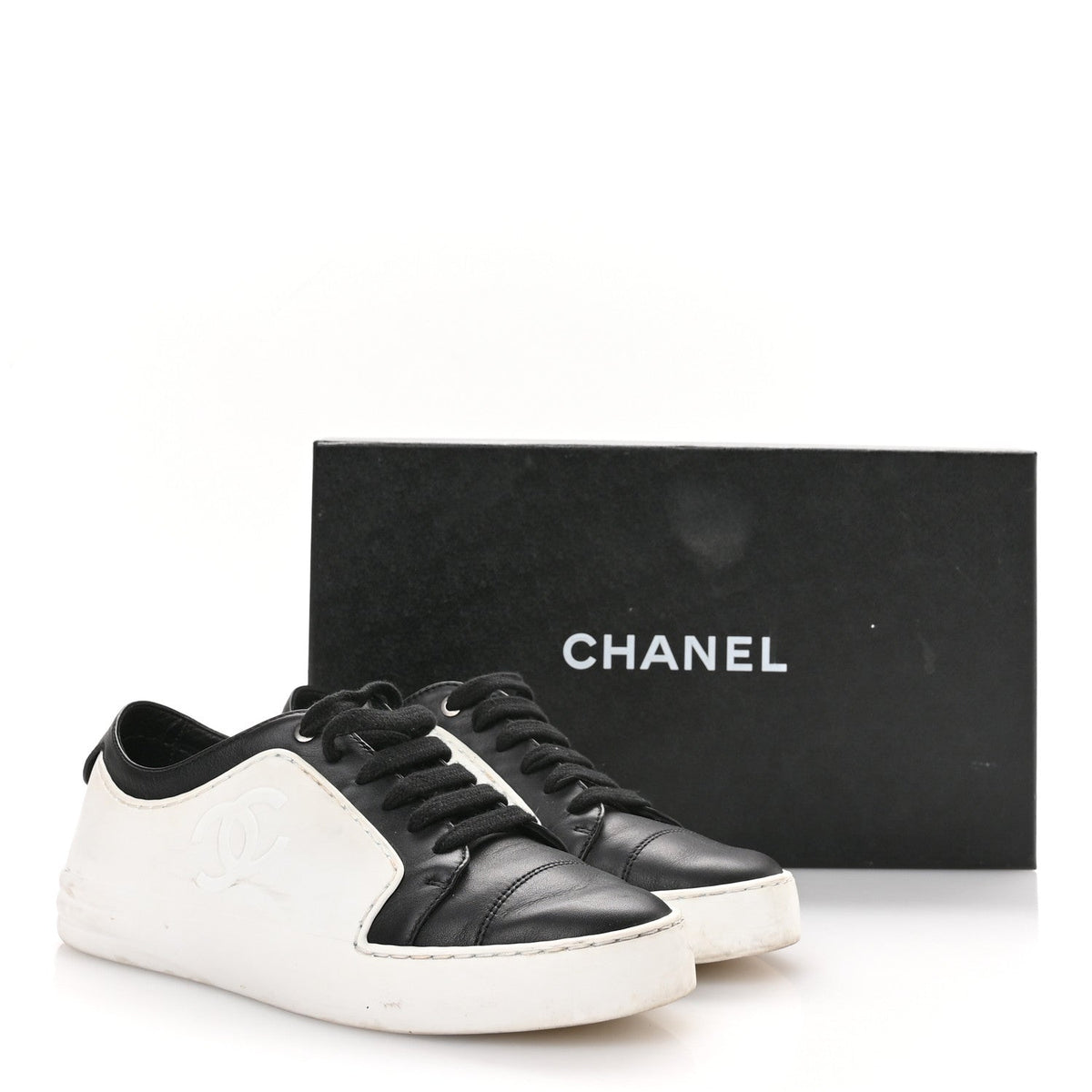 Chanel Calfskin CC Women's Sneakers 36 Black White