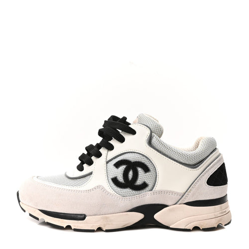 Mesh Suede Calfskin Grained Calfskin CC Sneakers White Silver Light Gr