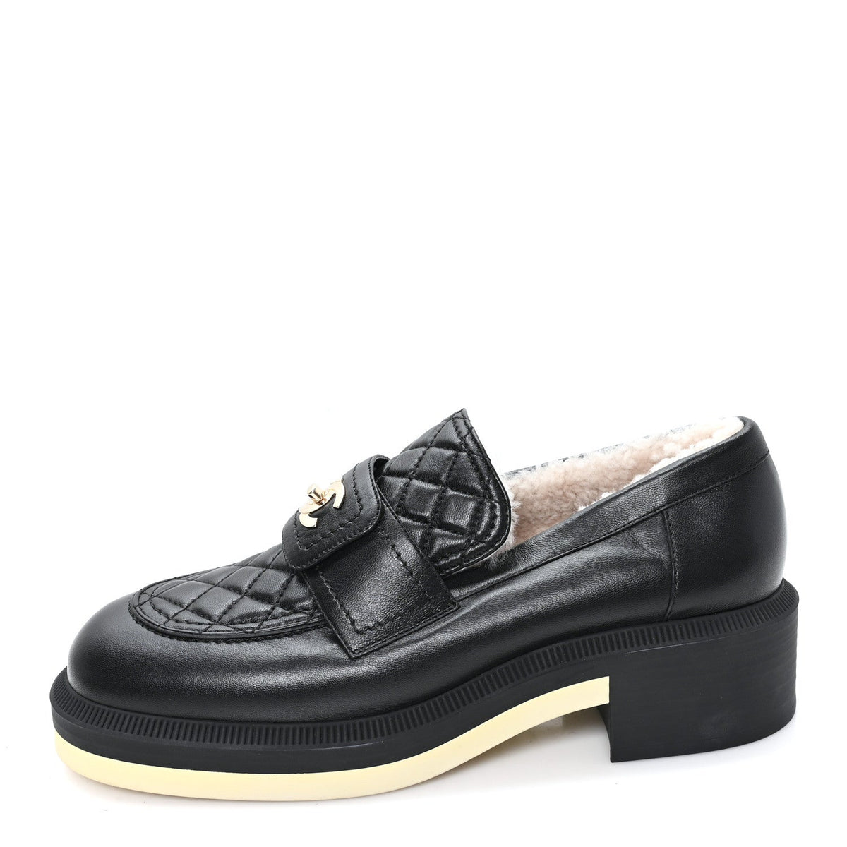 Lambskin Shearling Quilted CC Turnlock Loafers Black