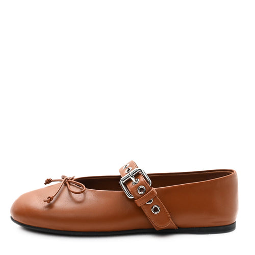 Miu Miucalfskin Mary Jane Ballerina Flats Cognac