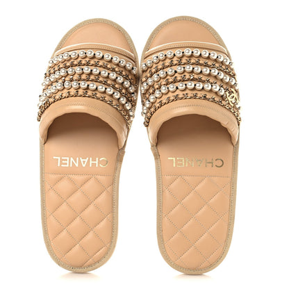 Chanel Lambskin Women's Pearl Chain Flat Slipper Sandals M Beige