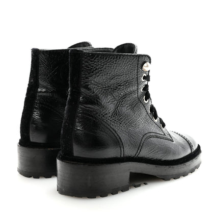 Chanel Shiny Calfskin Velvet Pearl Women's Combat Short Boots 38.5 Black
