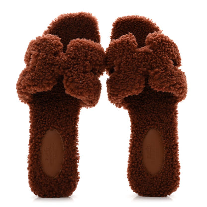 Hermes Woolskin Women's Oran Sandals 37 Cognac