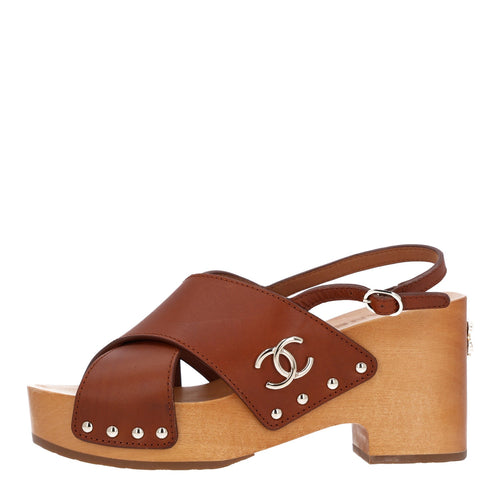 Calfskin Studded Slingback Clog Sandals Dark Brown