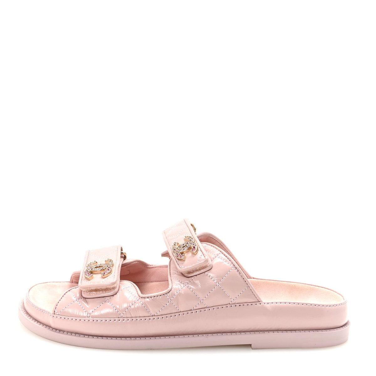 Shiny Calfskin Crystal Quilted Velcro Dad CC Slide Sandals Light Pink