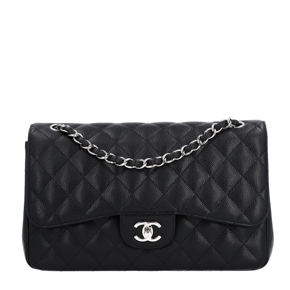 Quilted Caviar Flap Shoulder Bag - Black