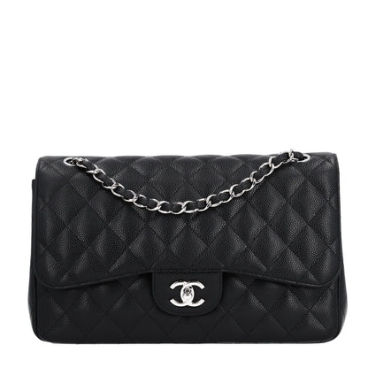 Quilted Caviar Flap Shoulder Bag - Black
