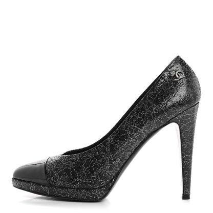 Chanel Metallic Crackled Calfskin Patent Cap Toe Women's Pumps 41 Silver Black