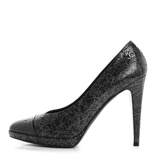 Metallic Crackled Calfskin Patent Cap Toe Pumps Silver Black
