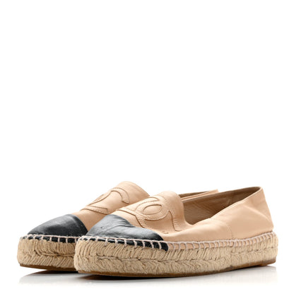 Chanel Lambskin Women's CC Espadrilles 37 Beige Black