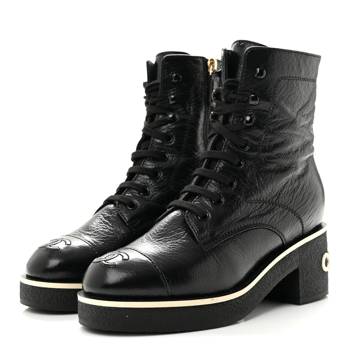 Chanel Shiny Crumpled Lambskin Lace Up Combat Women's Boots