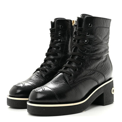 Chanel Shiny Crumpled Lambskin Lace Up Combat Women's Boots