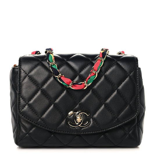Quilted Lambskin Flap Shoulder Bag - Black