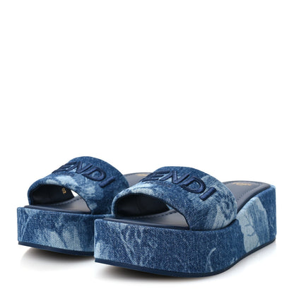 Fendi Denim Women's Sea Garden Logo Sunshine Flatform Slide Sandals 37 Blue