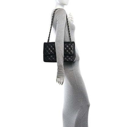 Quilted Caviar Flap Shoulder Bag - Black