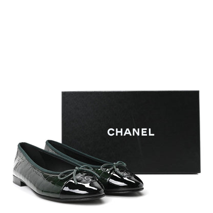 Chanel Crocodile Embossed Patent Calfskin CC Women's Ballerina Flats Dark Green Black