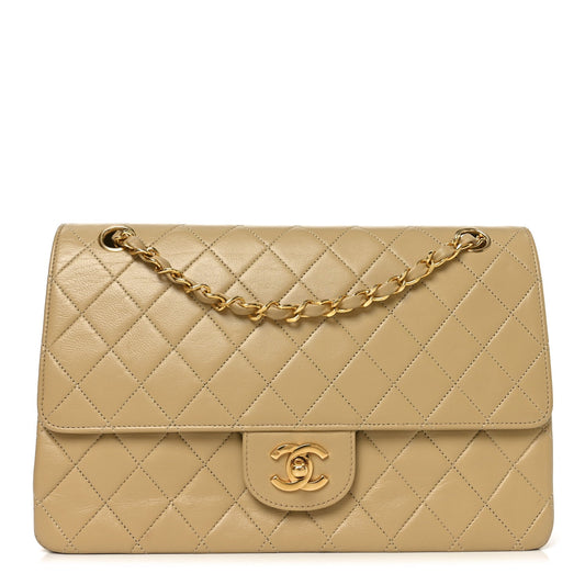 Medium Quilted Lambskin Flap Shoulder Bag - Beige