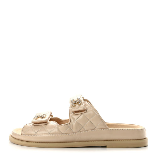 Shiny Calfskin Crystal Quilted Velcro Dad CC Slide Sandals Beige