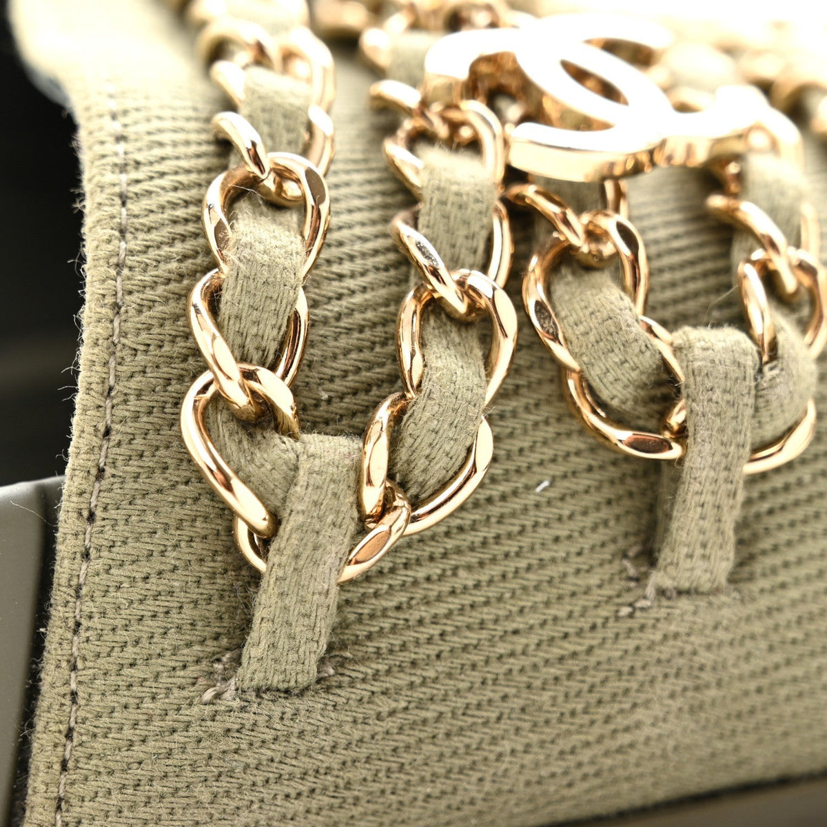 Chanel Canvas Women's Chain Flat Sandals 38 Khaki